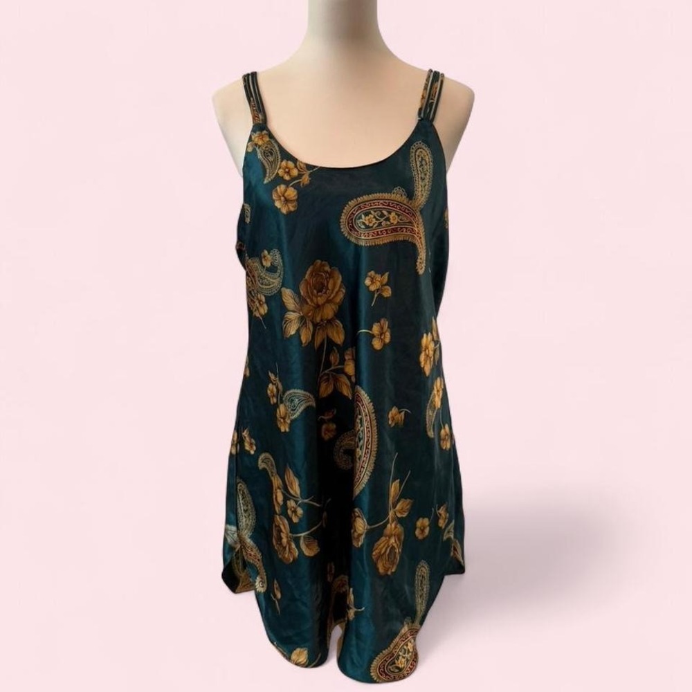 Vintage Cinema Etoile Teal Paisley Floral Slip Dress Spaghetti Strap Size L